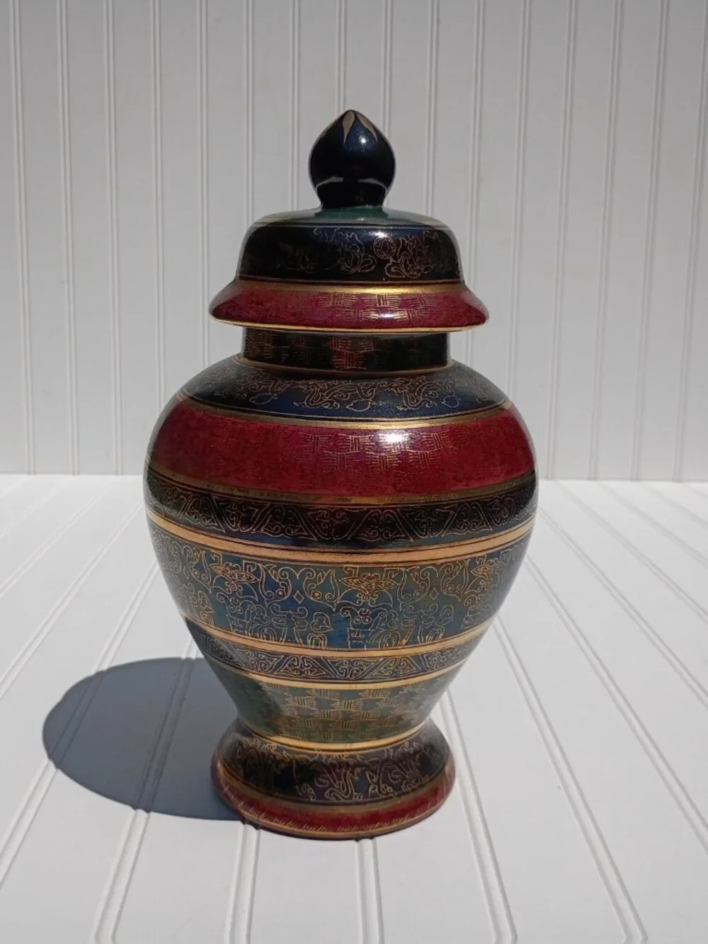 Vintage Andrea by Sadek Porcelain Ginger Jar Lidded Vase Maroon Stripe Gold Gilt